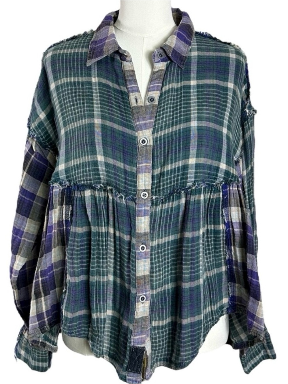 Free People Oversized Libby Plaid Flannel Top Size Small Grunge 90s Raw Edges